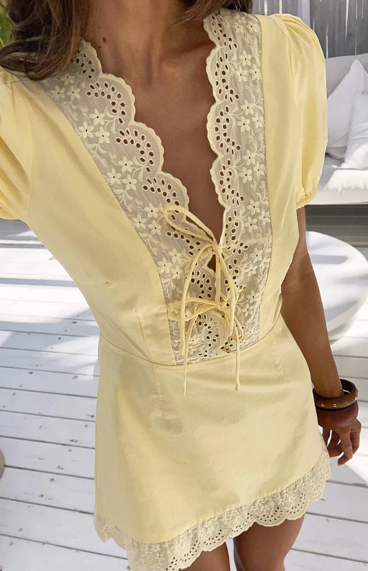 Nico Yellow Broderie Trim Mini Dress sold by Beginning Boutique product image thumbnail 2