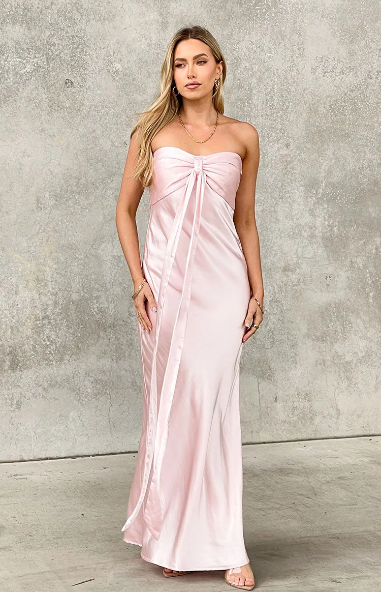 Ariella Pink Satin Strapless Maxi Dress sold by Beginning Boutique