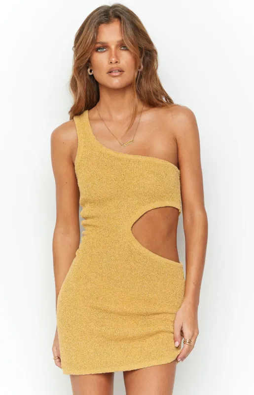Laurynn Mustard Knit Mini Dress sold by Beginning Boutique