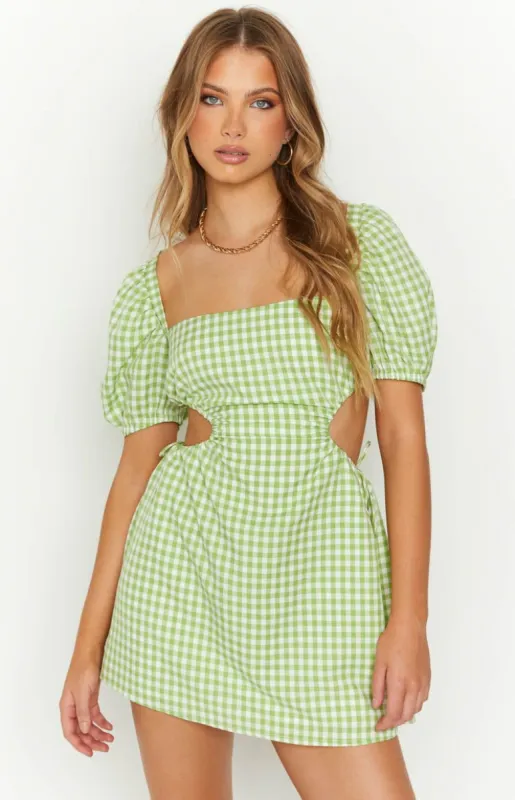 Penelope Green Gingham Mini Dress sold by Beginning Boutique