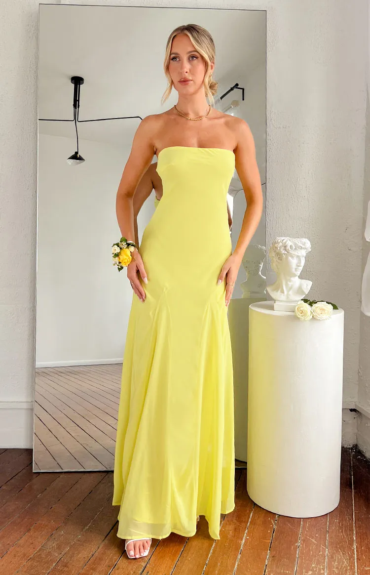 Myka Yellow Strapless Maxi Dress sold by Beginning Boutique