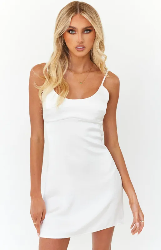 Clary White Satin Mini Dress sold by Beginning Boutique