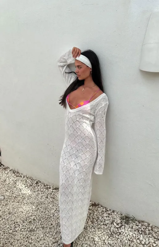 Drea White Backless Knit Maxi Dress sold by Beginning Boutique