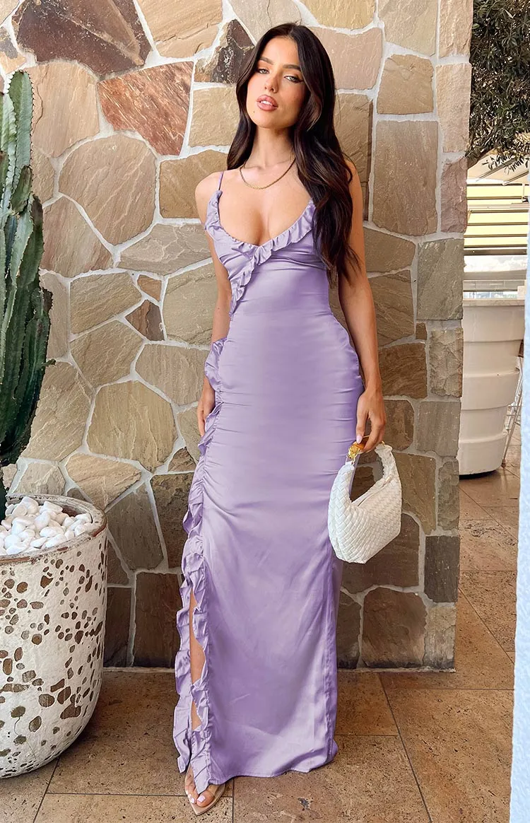 Nahanee Lilac Satin Ruffle Maxi Dress sold by Beginning Boutique