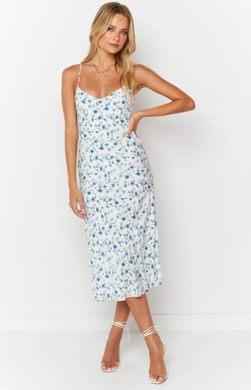 Gemma Blue Floral Midi Dress sold by Beginning Boutique