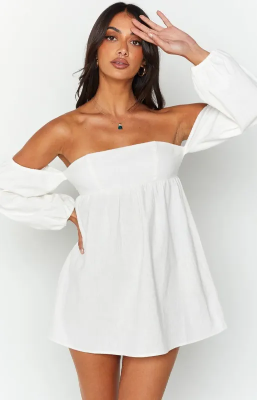 Koa White Off Shoulder Linen Mini Dress sold by Beginning Boutique