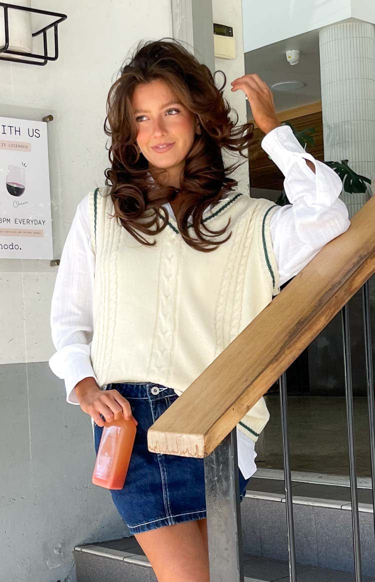 Straight A Knitted Vest Cream sold by Beginning Boutique