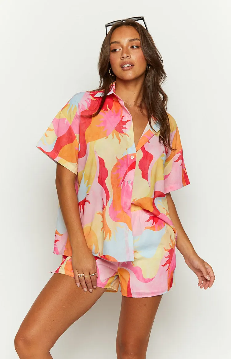 Rays Pink Sun Print Short Sleeve Button Up Shirt sold by Beginning Boutique product image thumbnail 2