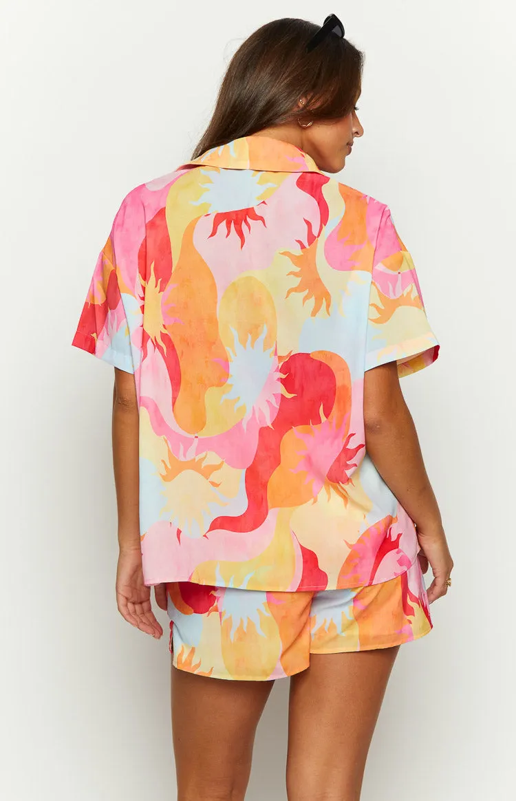 Rays Pink Sun Print Short Sleeve Button Up Shirt sold by Beginning Boutique product image thumbnail 5