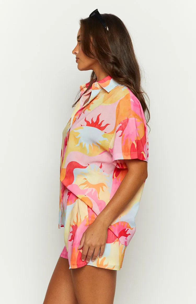 Rays Pink Sun Print Short Sleeve Button Up Shirt sold by Beginning Boutique product image thumbnail 4