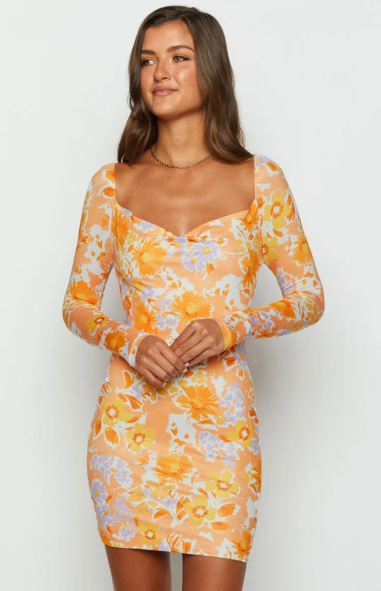 Ashi Orange Floral Long Sleeve Mini Dress sold by Beginning Boutique