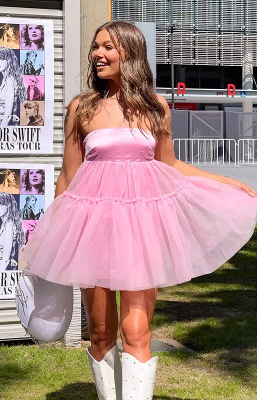 Abigail Pink Strapless Mini Dress sold by Beginning Boutique