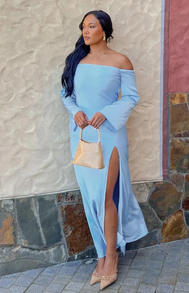 Shae Blue Satin Long Sleeve Maxi Dress sold by Beginning Boutique