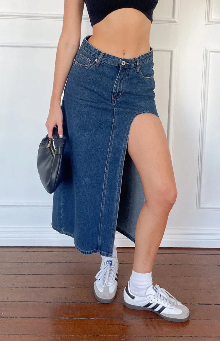 Aysha Dark Wash Denim Midi Skirt sold by Beginning Boutique