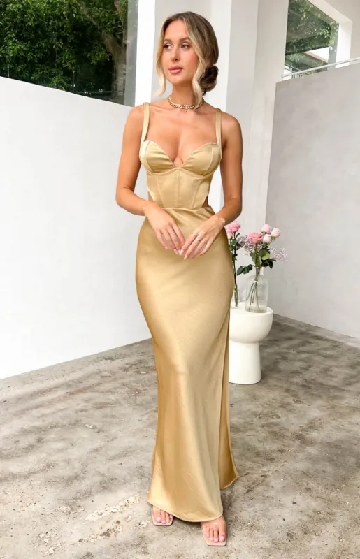 Sarah Champagne Corset Formal Maxi Dress sold by Beginning Boutique