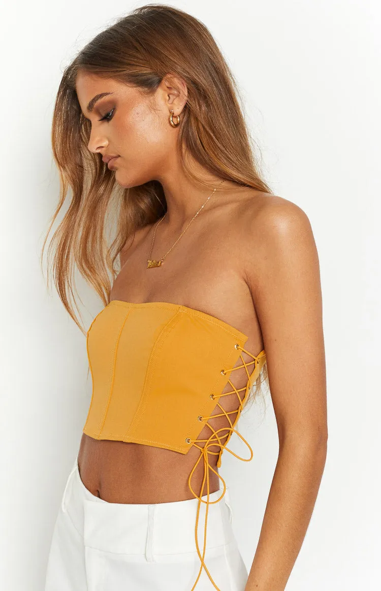 Serendipity Yellow Strapless Corset Top sold by Beginning Boutique