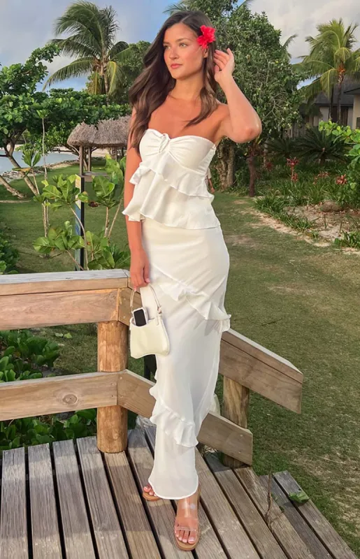 Raleigh White Ruffle Maxi Skirt made by Beginning Boutique