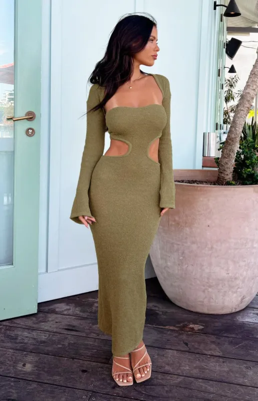 Alba Khaki Long Sleeve Knit Midi Dress sold by Beginning Boutique
