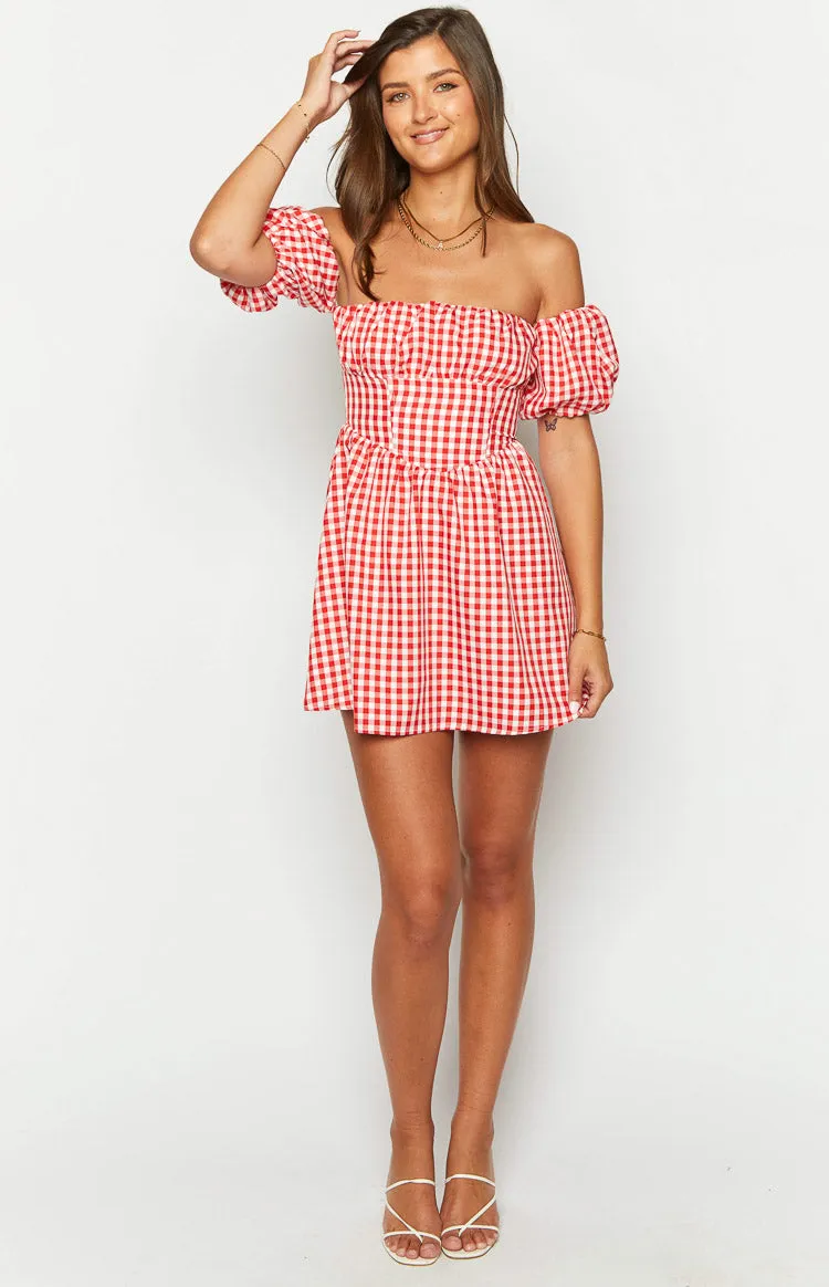 Love Lost Off The Shoulder Red Gingham Mini Dress sold by Beginning Boutique product image thumbnail 2