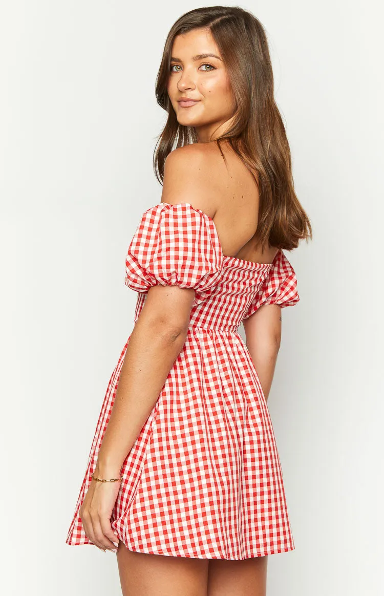 Love Lost Off The Shoulder Red Gingham Mini Dress sold by Beginning Boutique product image thumbnail 5