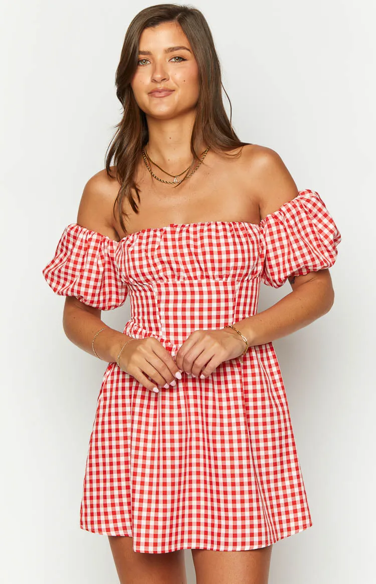 Love Lost Off The Shoulder Red Gingham Mini Dress sold by Beginning Boutique product image thumbnail 3