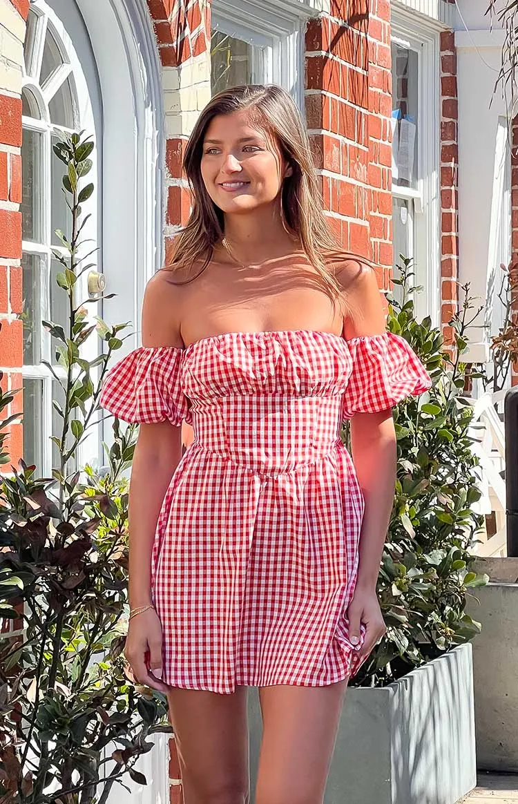 Love Lost Off The Shoulder Red Gingham Mini Dress sold by Beginning Boutique
