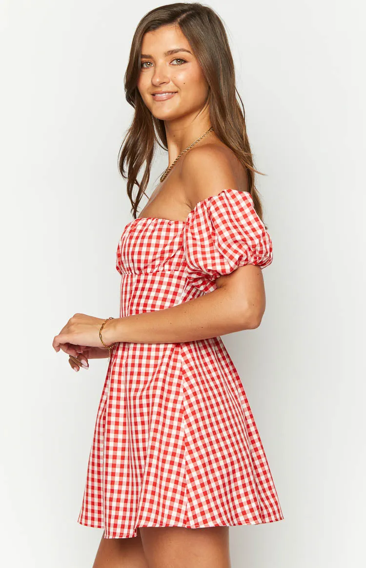 Love Lost Off The Shoulder Red Gingham Mini Dress sold by Beginning Boutique product image thumbnail 4