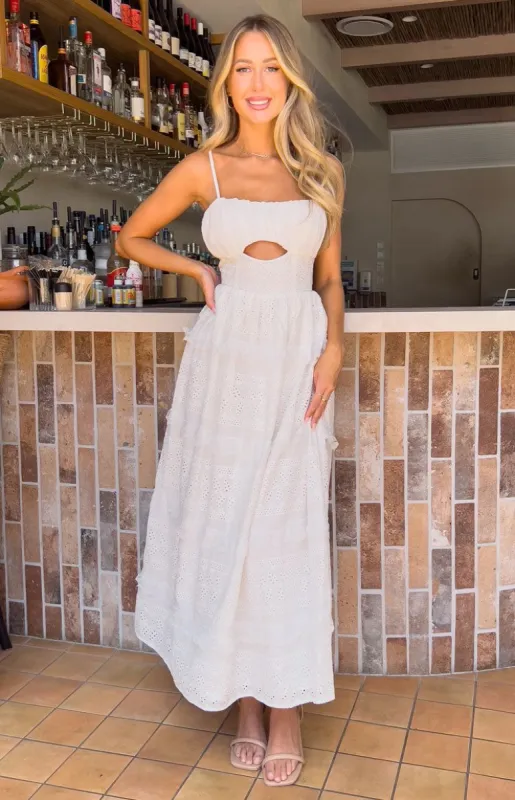 Amber White Ruffle Midi Dress sold by Beginning Boutique