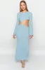 Arya Blue Long Sleeve Knit Maxi Dress sold by Beginning Boutique