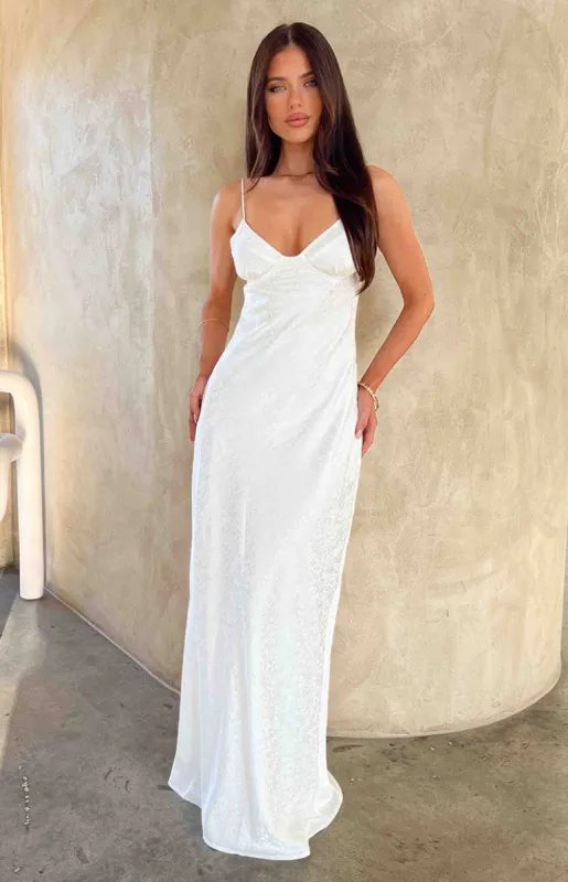 Gloria White Maxi Dress sold by Beginning Boutique