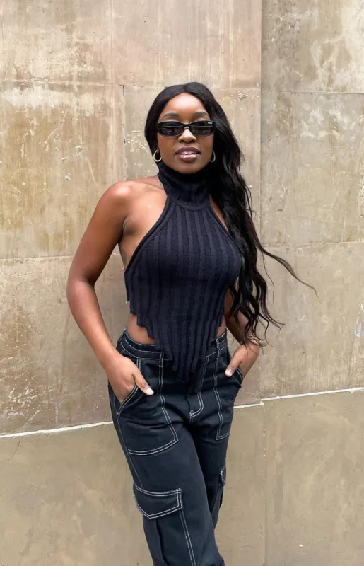 Izi Black Knit High Neck Top sold by Beginning Boutique