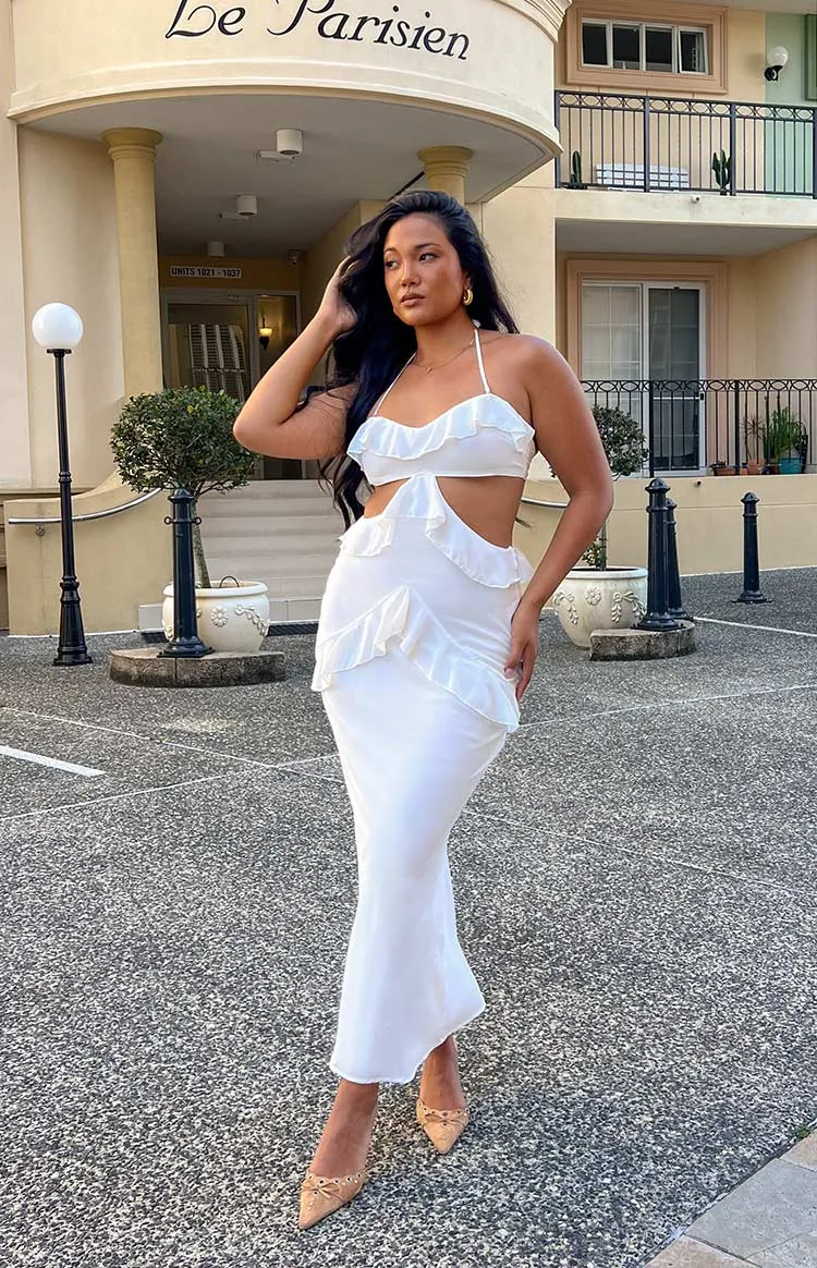 Ryder White Strapless Ruffle Maxi Dress sold by Beginning Boutique