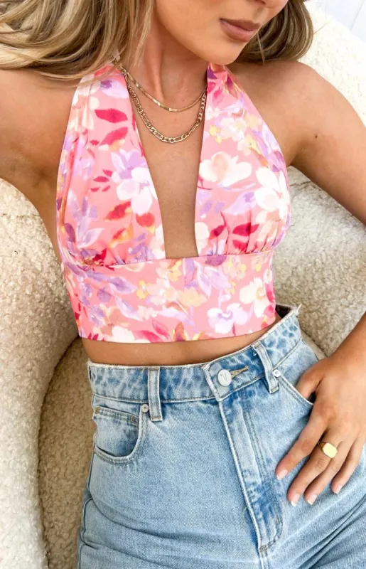 Lush Pink Floral Halter Top sold by Beginning Boutique