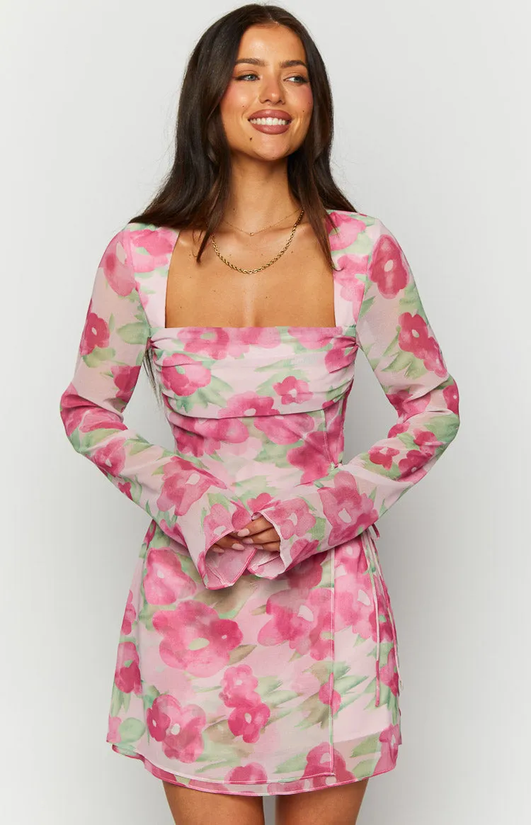 Lucy Pink Floral Print Long Sleeve Mini Dress sold by Beginning Boutique product image thumbnail 2