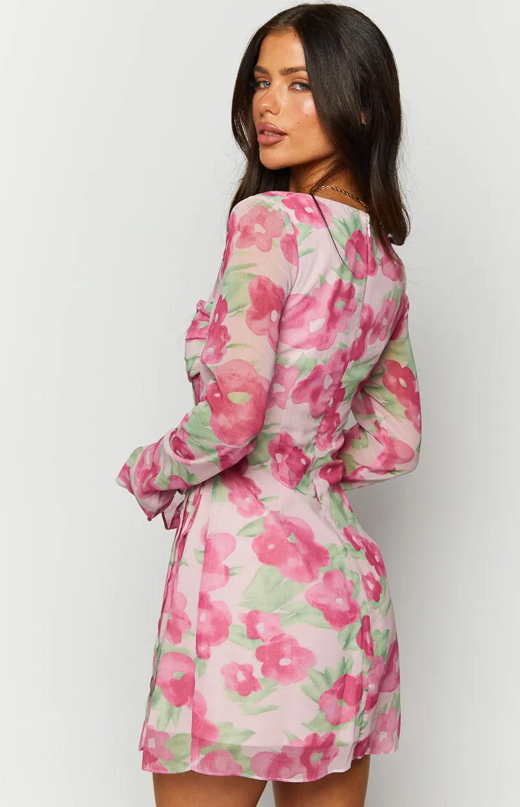 Lucy Pink Floral Print Long Sleeve Mini Dress sold by Beginning Boutique product image thumbnail 5