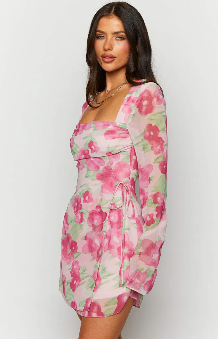 Lucy Pink Floral Print Long Sleeve Mini Dress sold by Beginning Boutique product image thumbnail 4