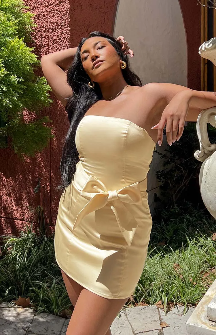 Kamie Yellow Satin Bow Mini Dress sold by Beginning Boutique