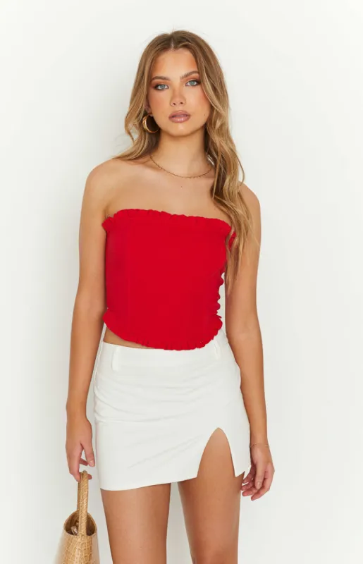 Cherry Red Strapless Corset Top sold by Beginning Boutique