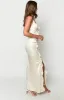 Nahanee Cream Satin Ruffle Maxi Dress sold by Beginning Boutique