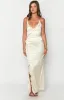 Nahanee Cream Satin Ruffle Maxi Dress sold by Beginning Boutique