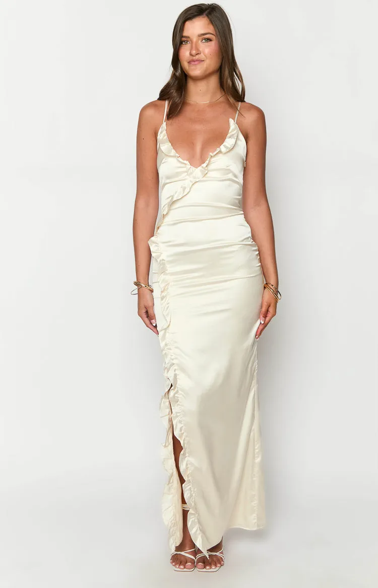 Nahanee Cream Satin Ruffle Maxi Dress sold by Beginning Boutique product image thumbnail 3