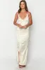 Nahanee Cream Satin Ruffle Maxi Dress sold by Beginning Boutique