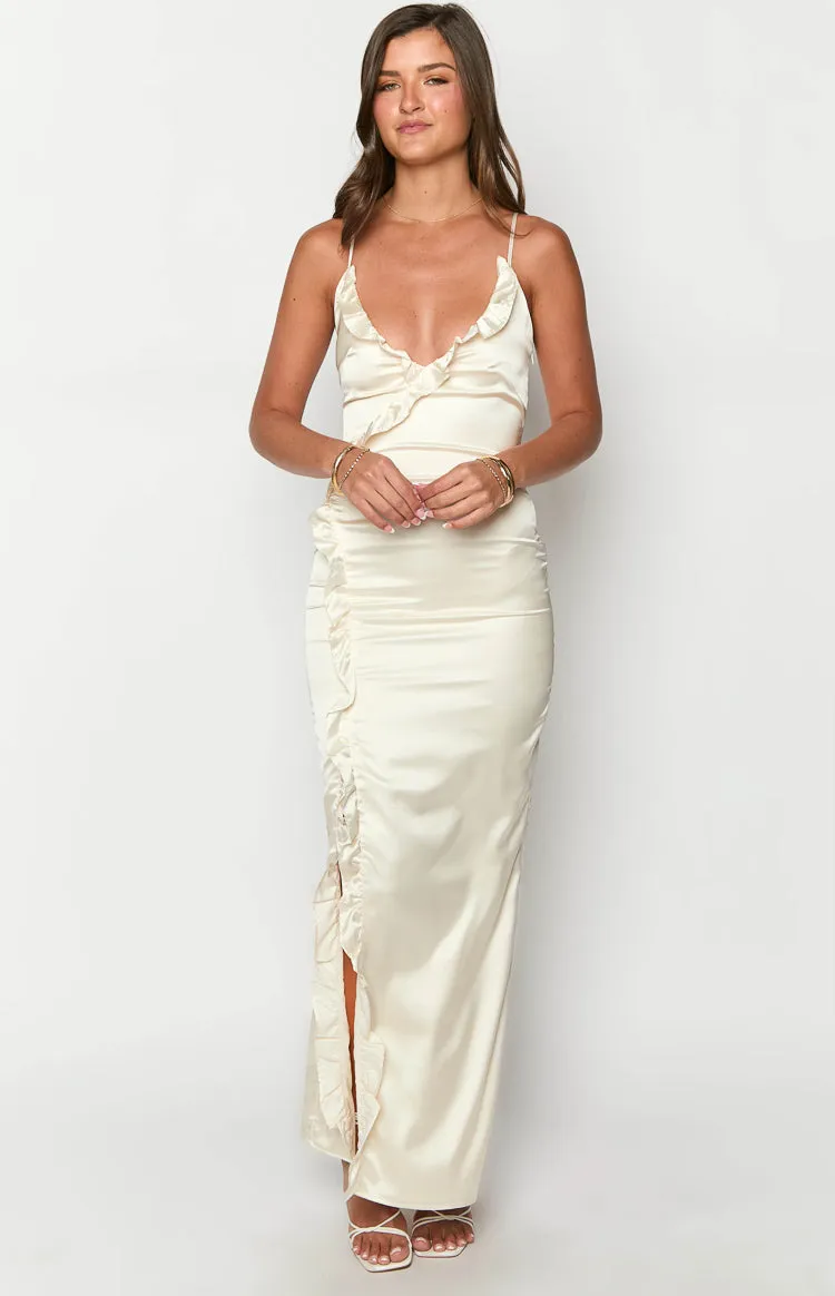 Nahanee Cream Satin Ruffle Maxi Dress sold by Beginning Boutique product image thumbnail 4