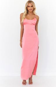 Indra Pink Satin Maxi Dress sold by Beginning Boutique