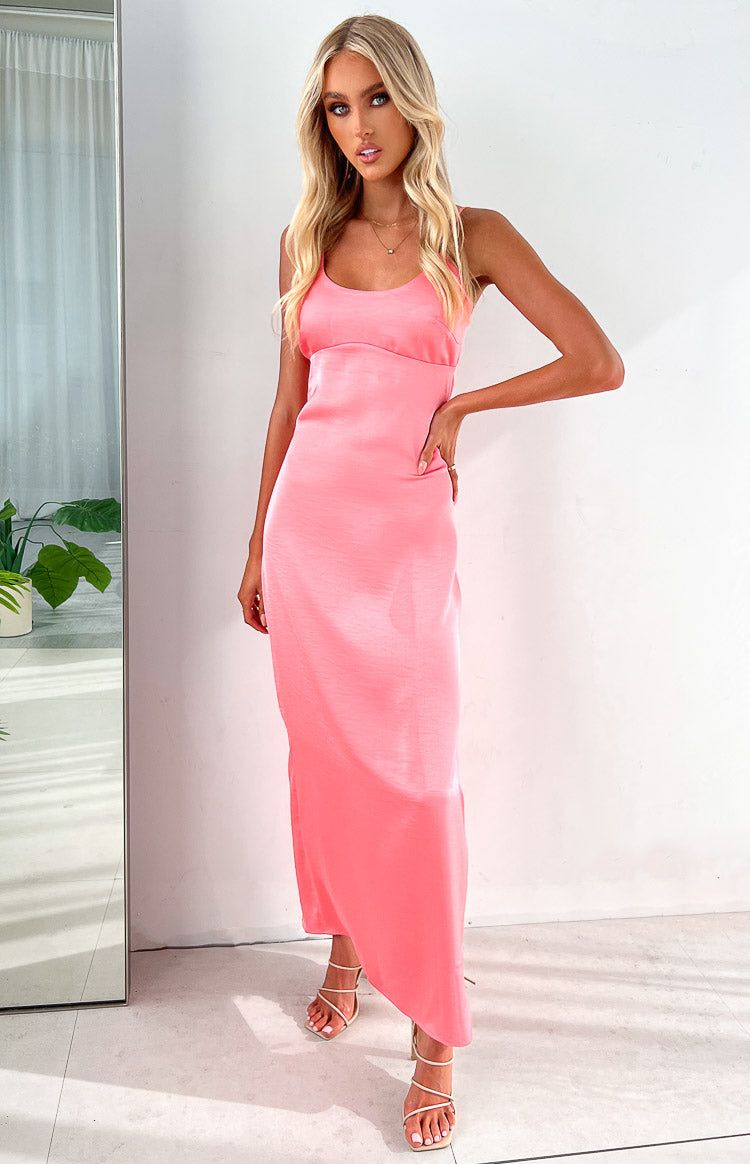 Indra Pink Satin Maxi Dress sold by Beginning Boutique