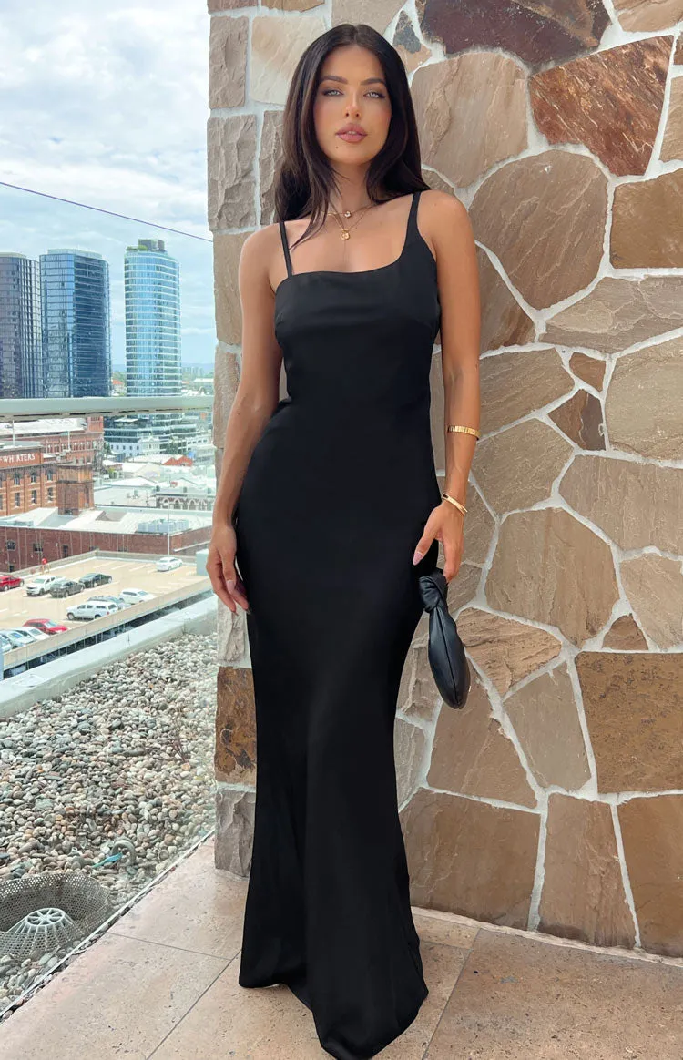 Sloan Black Satin Formal Maxi Dress sold by Beginning Boutique