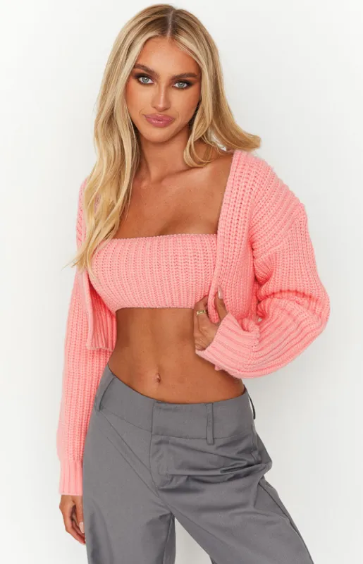 Debbie Pink Chunky Knit Cardigan sold by Beginning Boutique