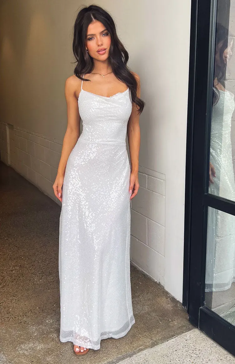 Zari White Sequin Maxi Dress sold by Beginning Boutique