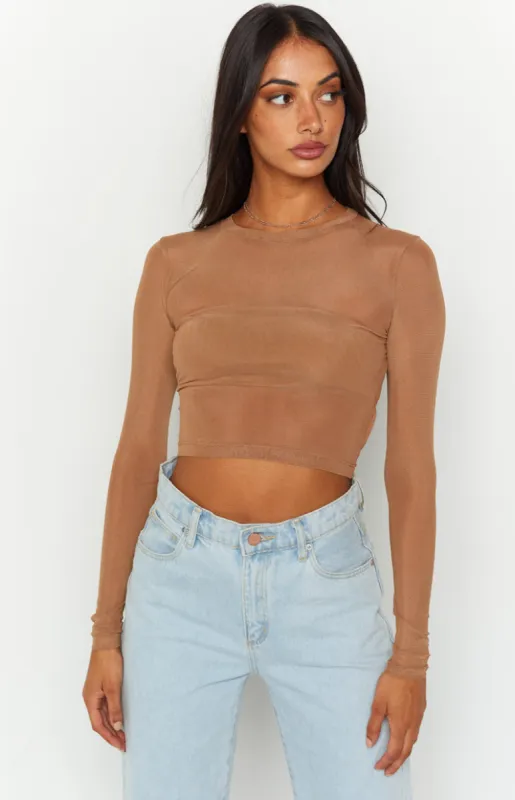 Evermore Beige Mesh Long Sleeve Top sold by Beginning Boutique