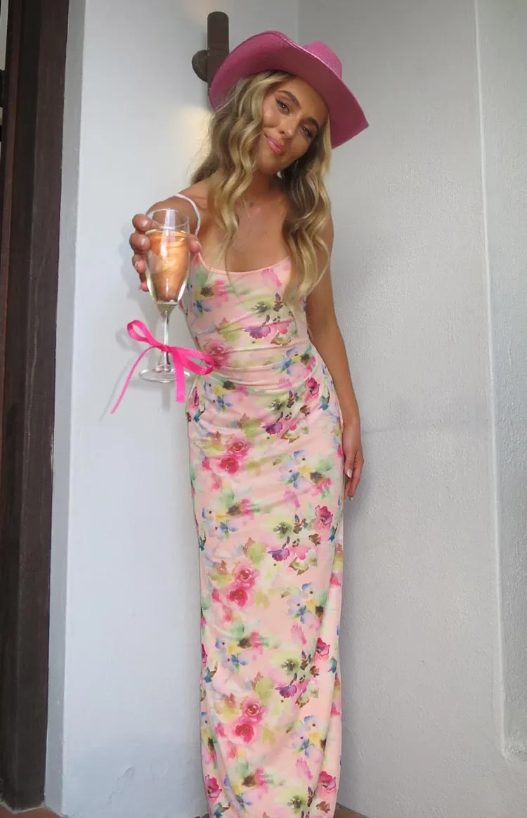 Aster Pink Floral Mesh Maxi Dress sold by Beginning Boutique